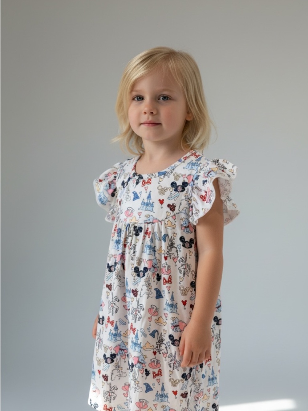 White Disney Print Flutter Sleeve Dress